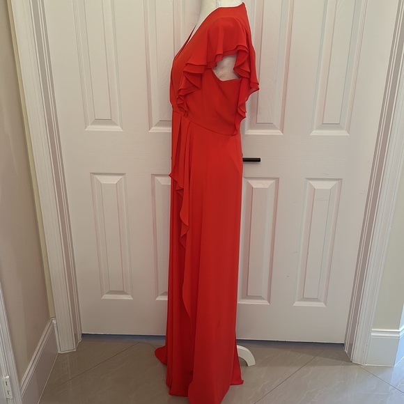 Small BCBGMAXAZRIA red full length gown with ruffle sleeves and side slit. NBW. - Picture 5 of 9